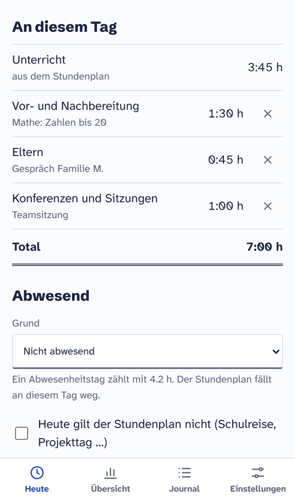 Die App auf dem Handy: Tagesansicht mit Unterricht aus dem Stundenplan, nachgetragener Vorbereitung und Tagestotal.